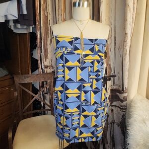 LuLaRoe Strapless Dress with Blue and Yellow Geometric Design